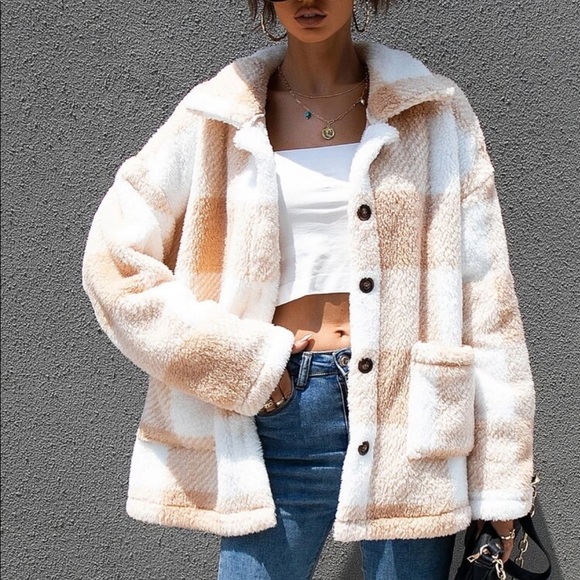 Gingham plaid teddy coat with buttons cozy - Picture 4 of 15